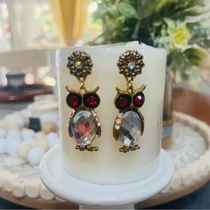Gold-Tone Owl Drop Earrings with Red and Crystal Accents